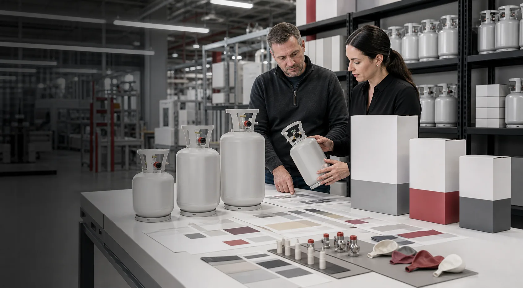 Product team coordinating disposable helium tank sizes, valves and retail packaging for an OEM program