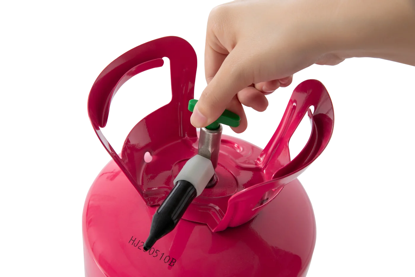 Close view of the helium tank valve and black inflation nozzle