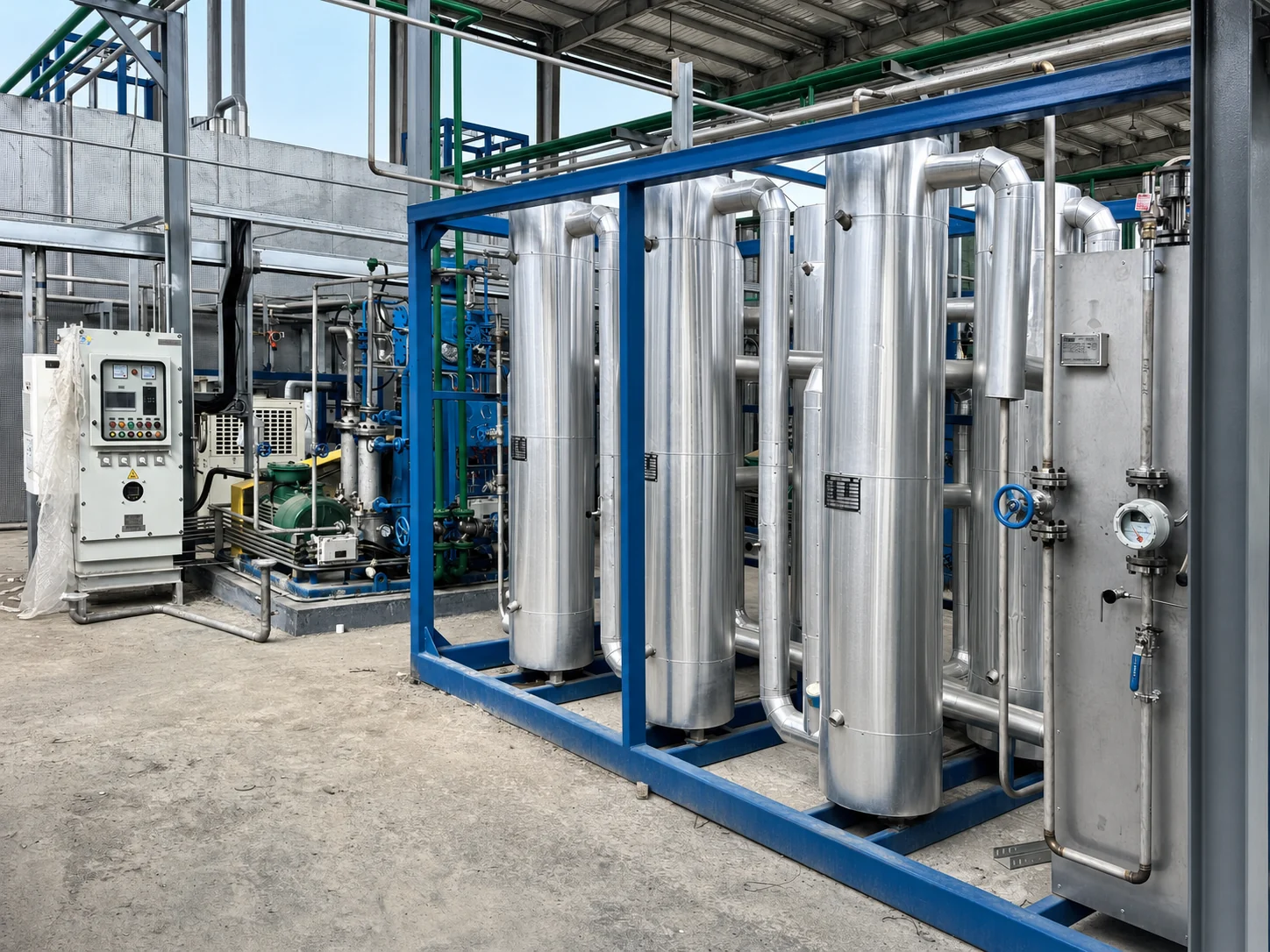 Industrial process equipment with stainless steel vessels, pipework and a control panel