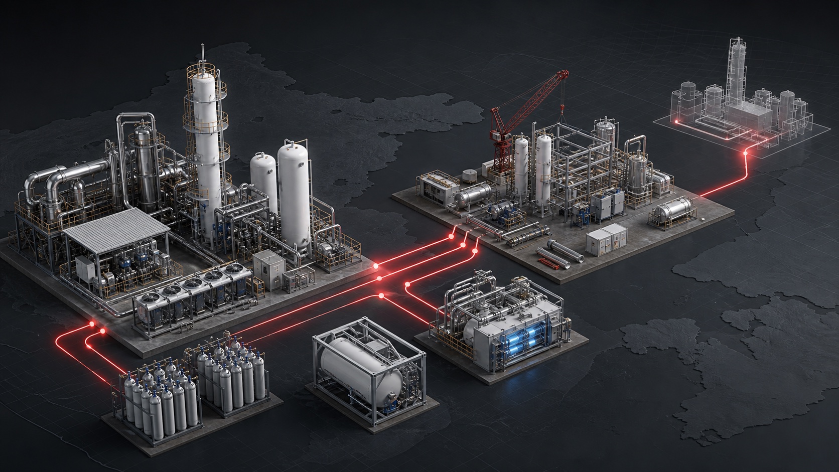 Conceptual illustration of operating helium plants, projects under construction and a future capacity pipeline
