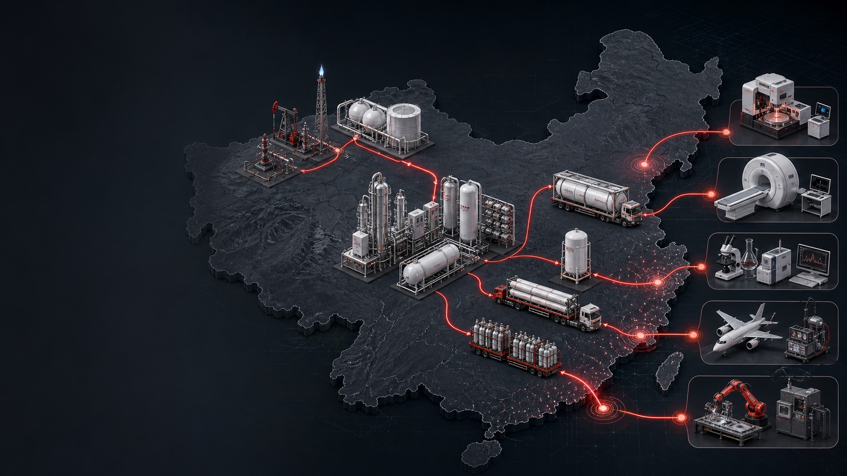 Illustrated China helium supply chain from gas extraction and cryogenic processing to transport and industrial applications