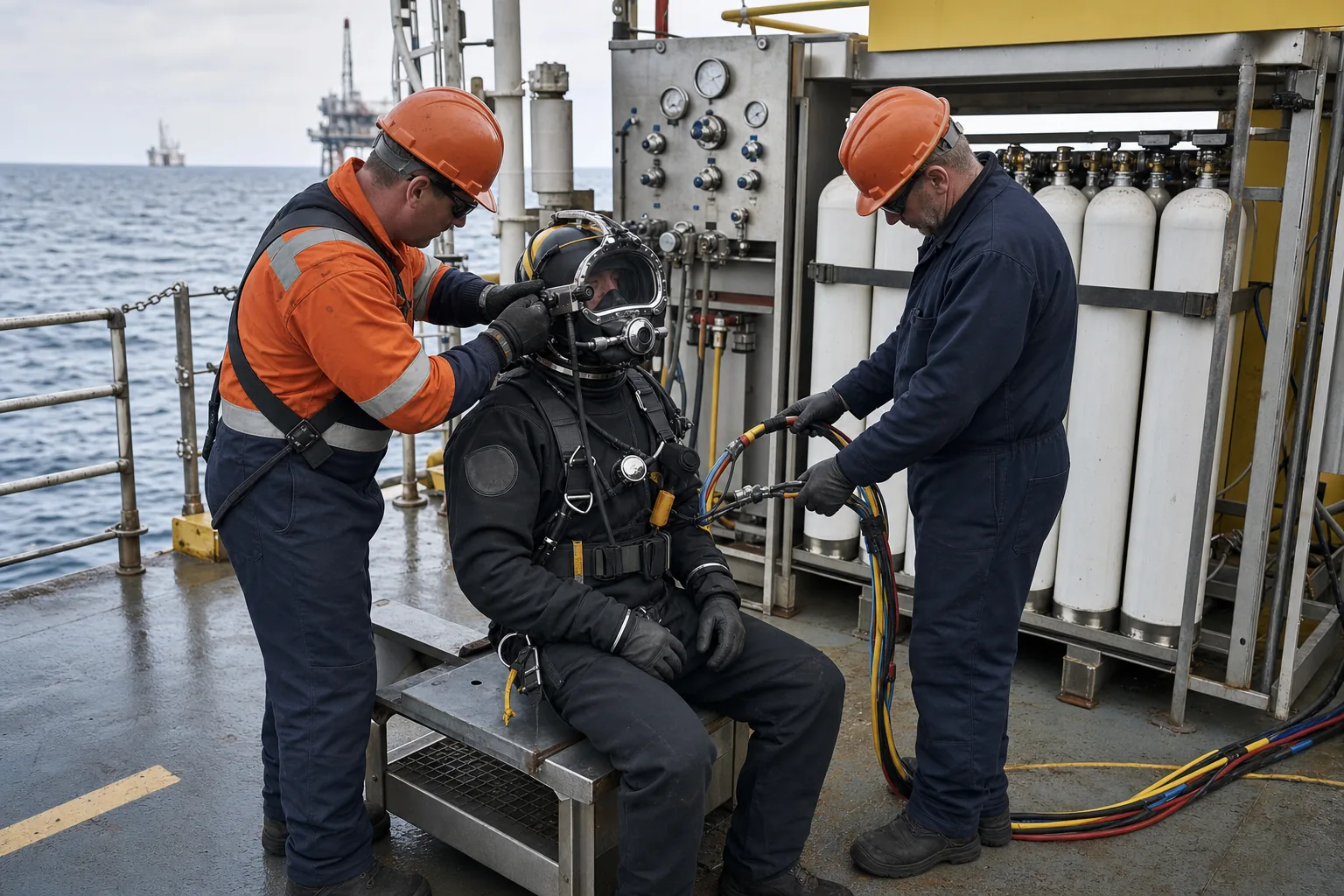 Representative commercial diving team preparing surface-supplied equipment