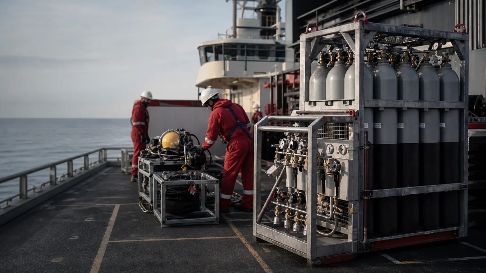 Representative diving gas quad and support equipment on an offshore vessel
