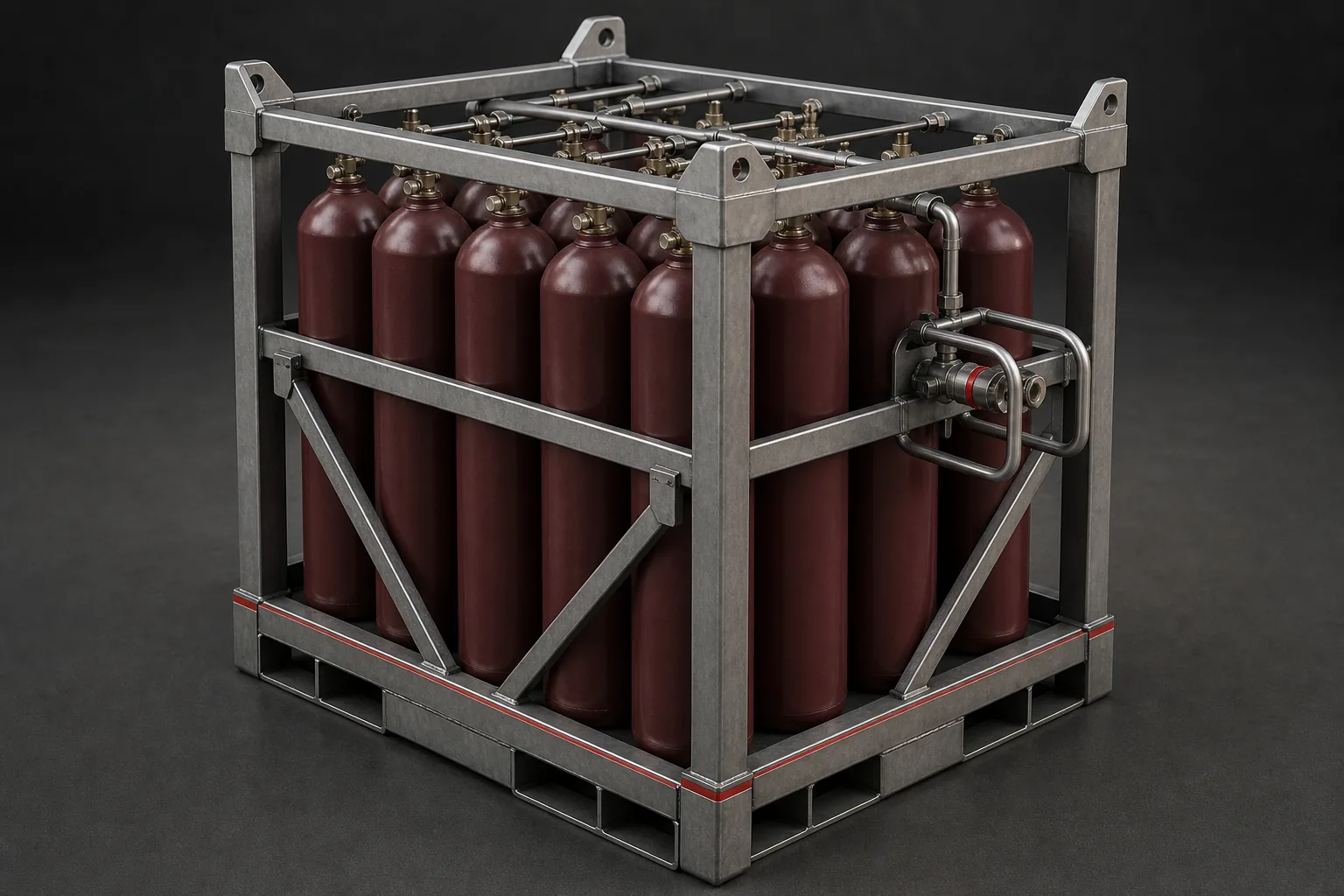Representative steel-frame offshore gas quad with manifold and protected outlet