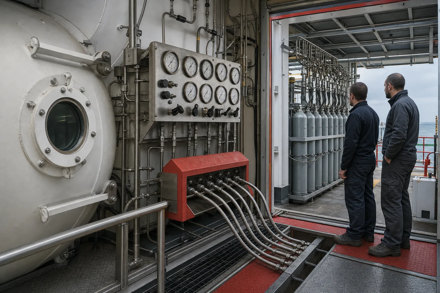 Representative saturation diving chamber, control panel and gas supply area