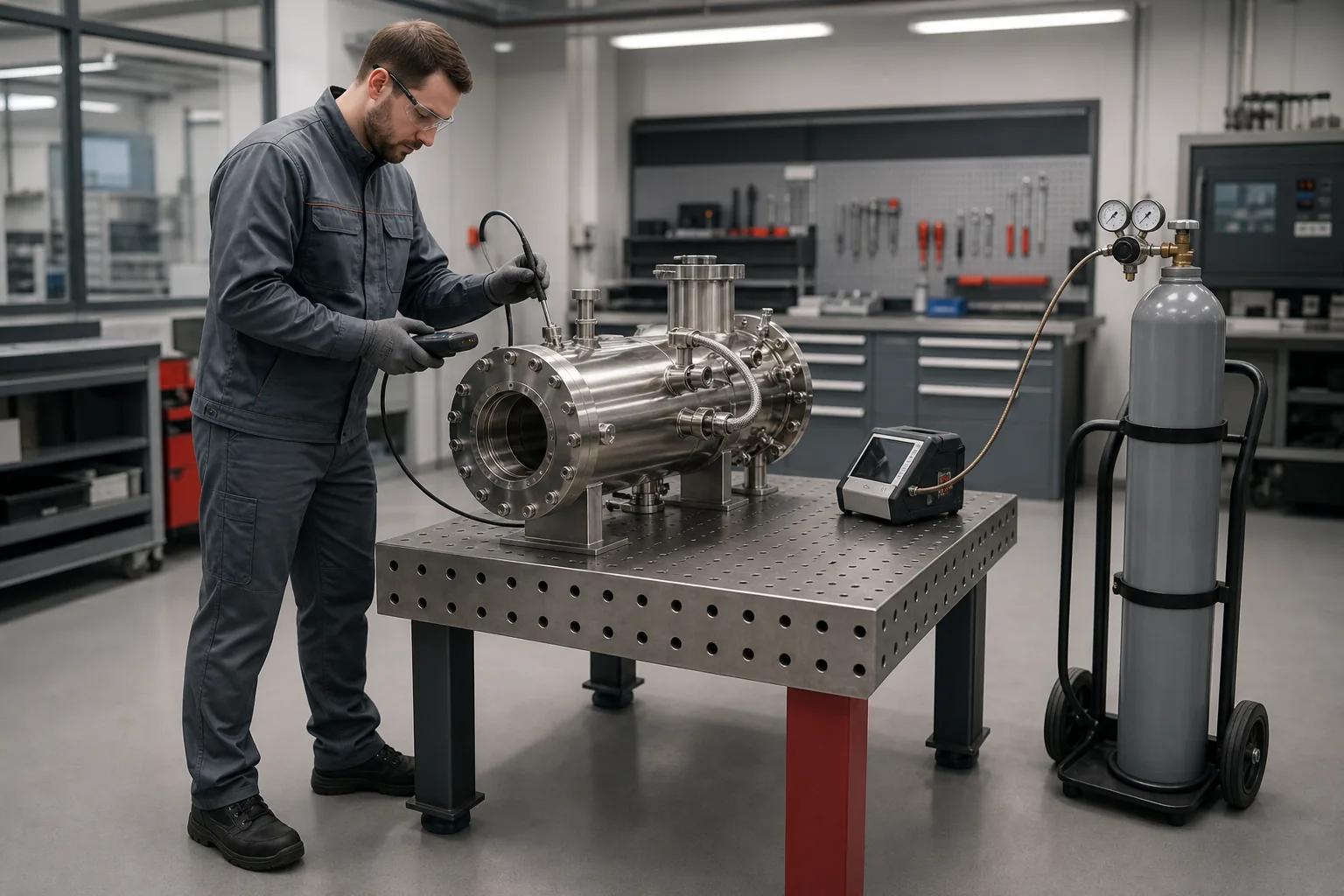Technician conducting a representative helium leak test in a manufacturing workshop