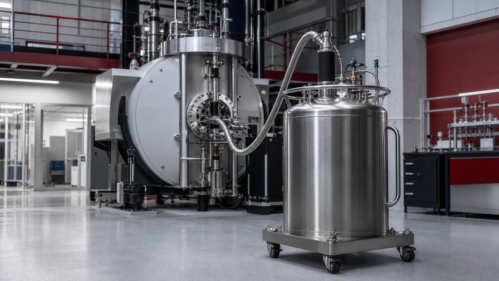 Representative stainless-steel liquid helium Dewar connected to cryogenic research equipment