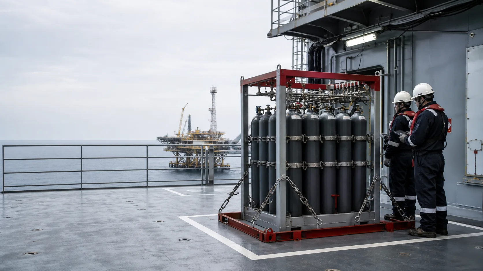 Representative secured offshore gas pack on a support vessel