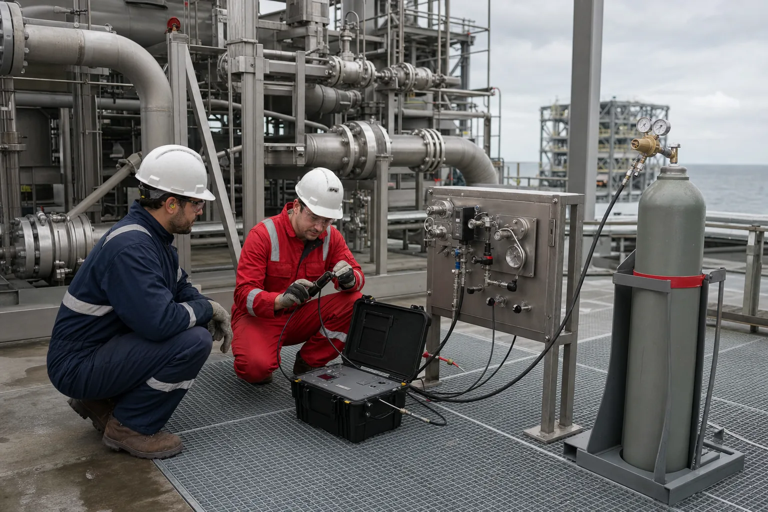Representative helium leak-testing and commissioning work on offshore process piping
