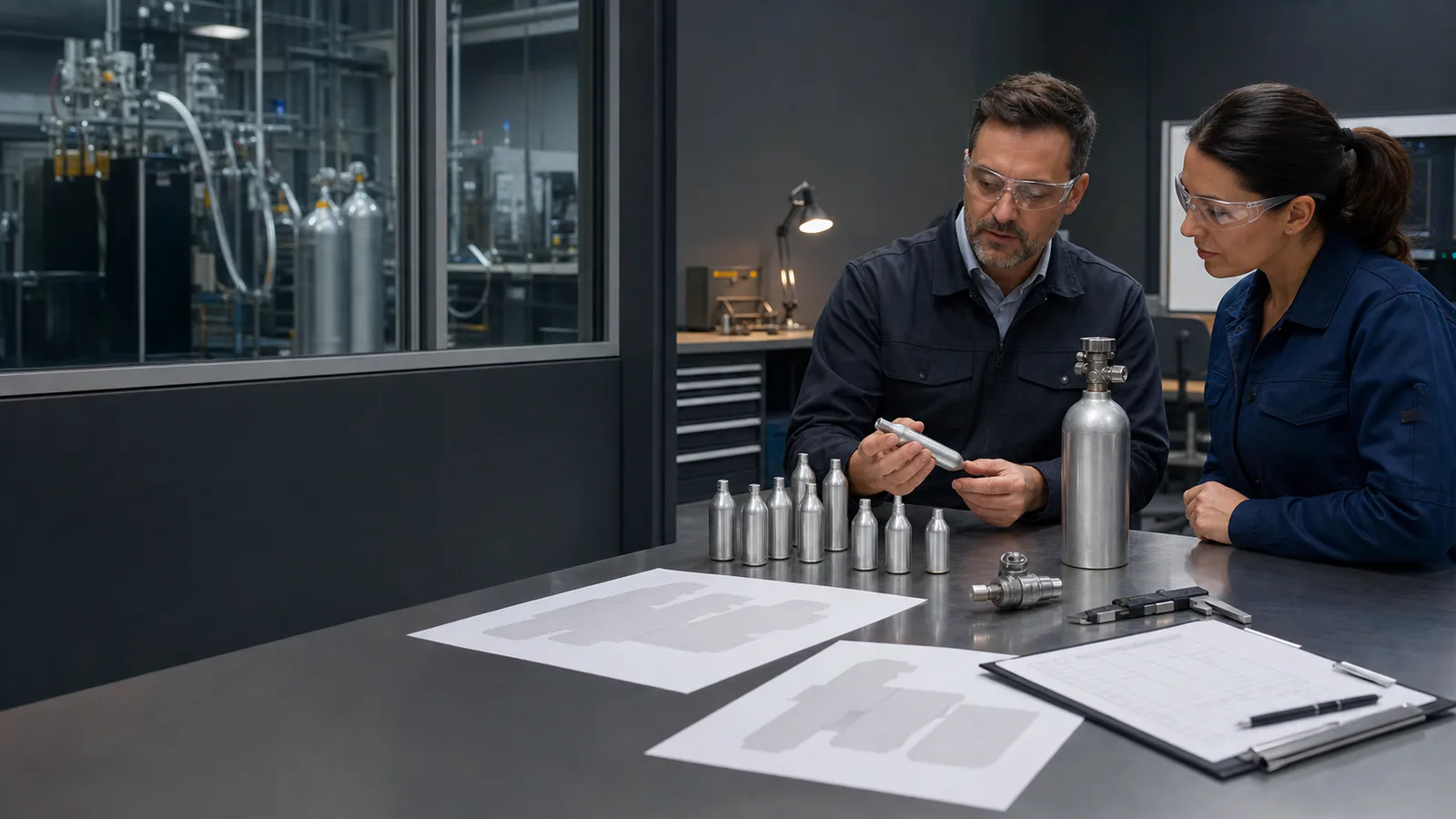 Unbranded gas cartridges and compact cylinder reviewed in an industrial product-development setting