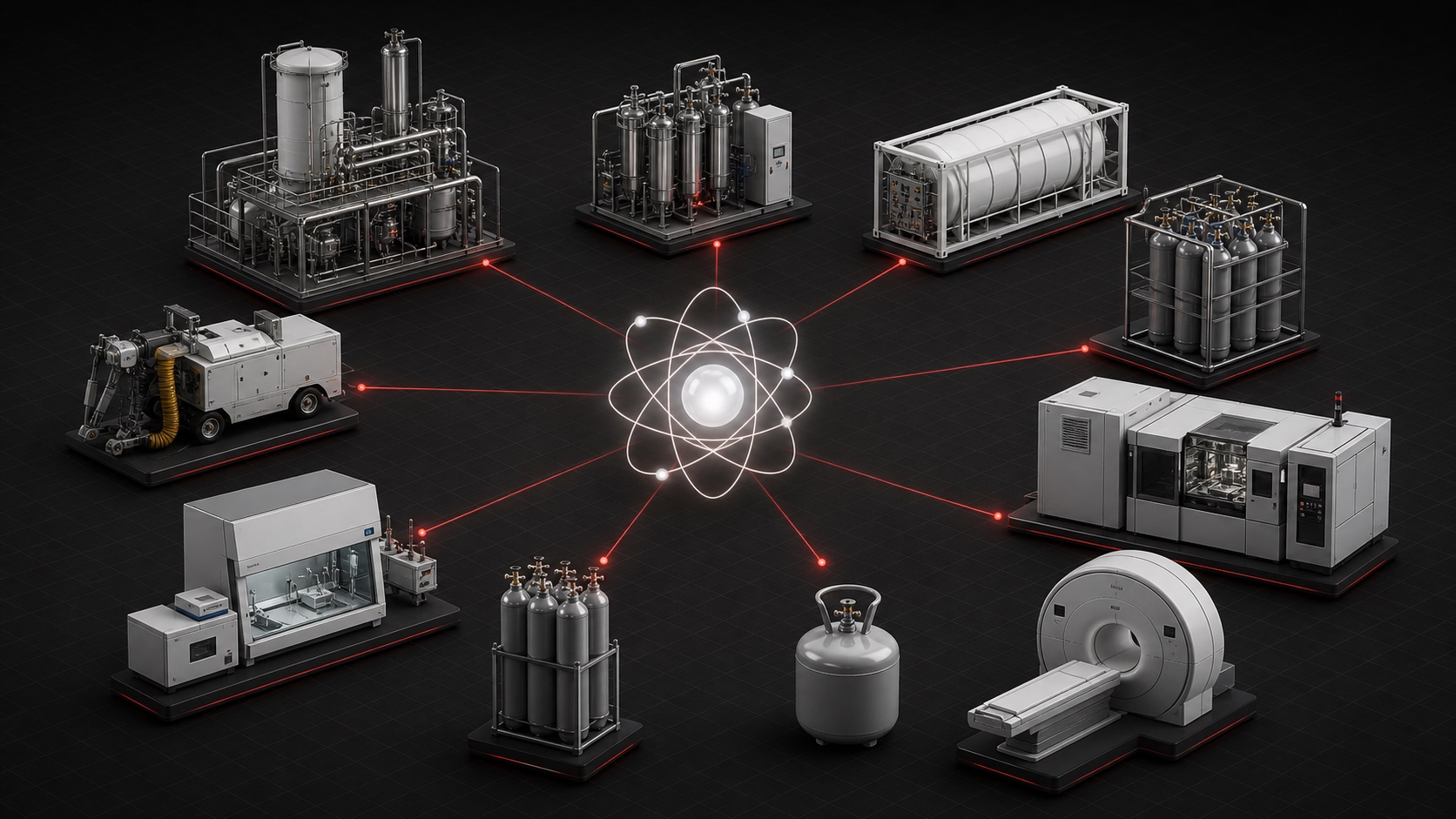 Editorial illustration of ten connected helium supply, processing, packaging and application nodes