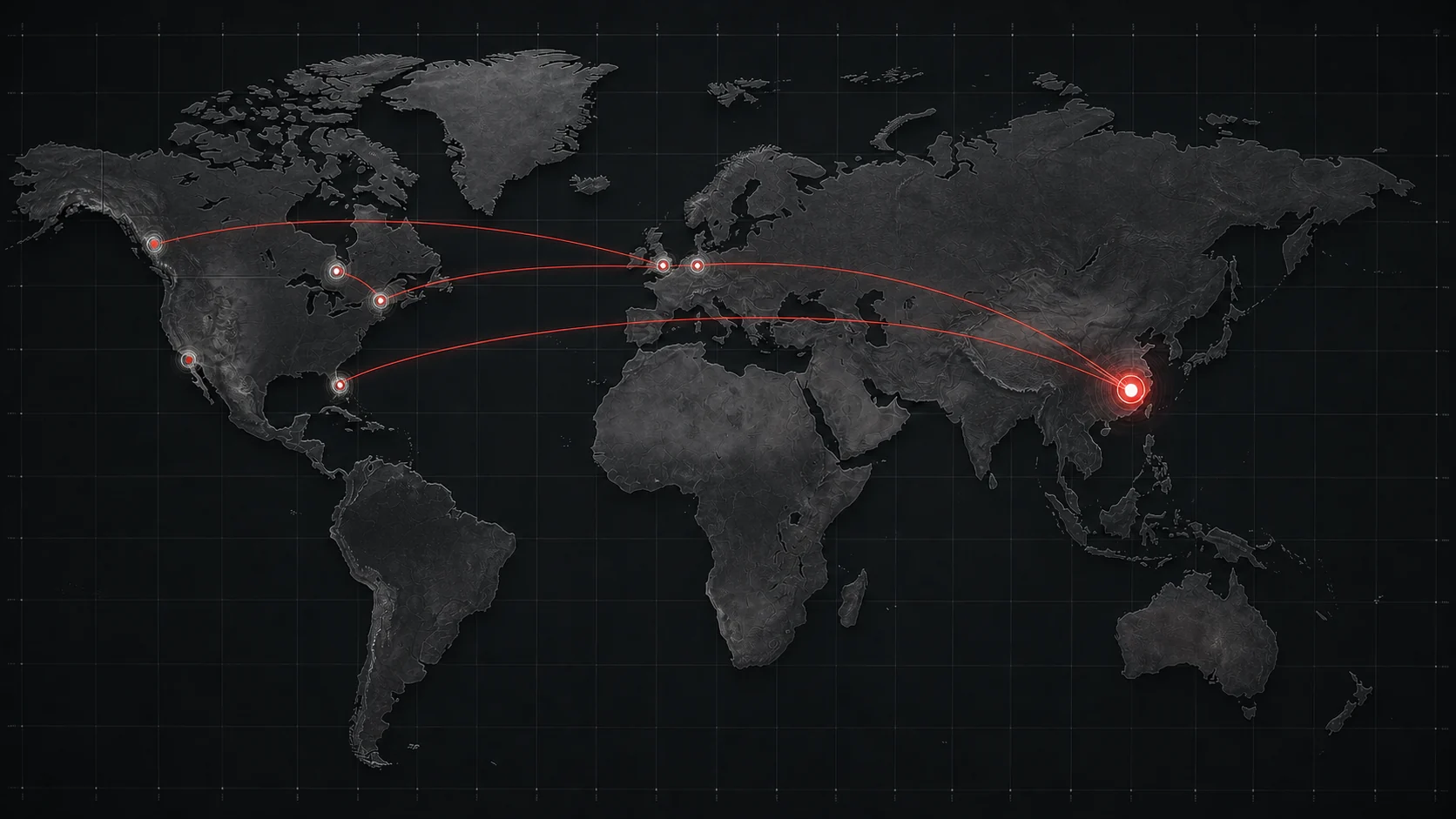 Global route map from Shanghai to Vancouver, Toronto, Los Angeles, New York, Miami, London and Antwerp