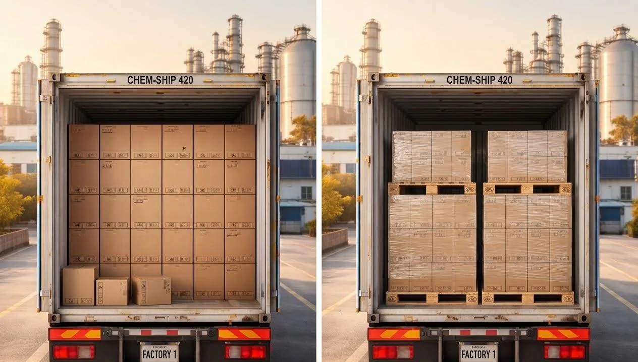 Illustration comparing carton loading and pallet loading inside shipping containers