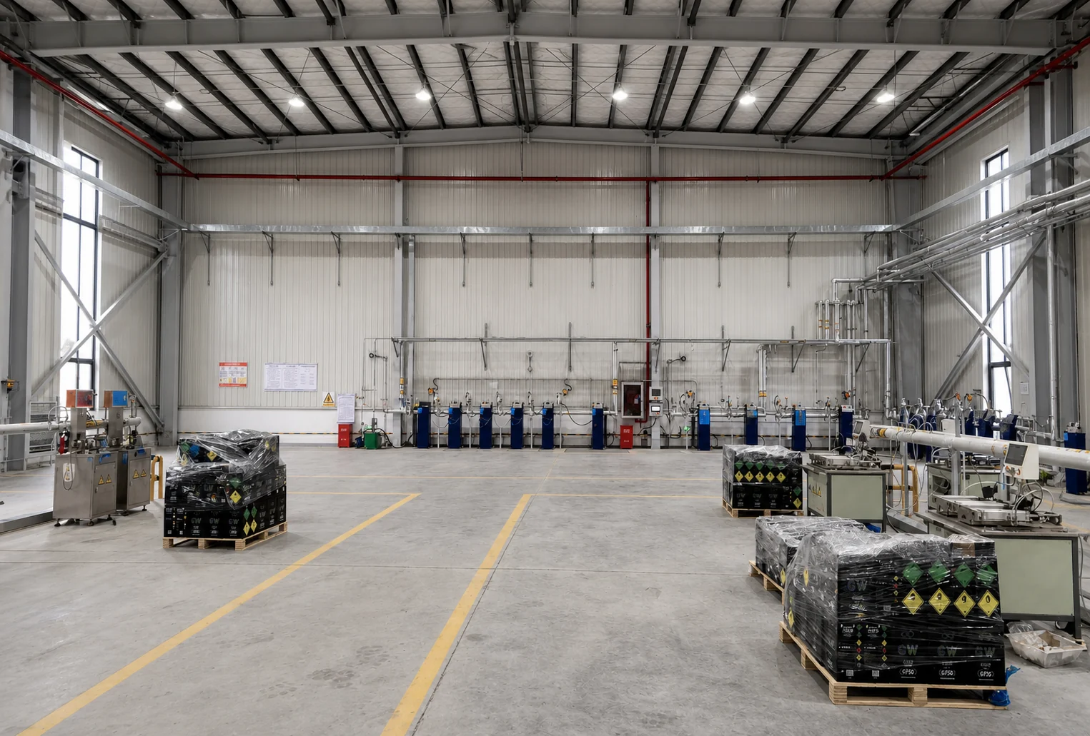 Wide view of the helium filling workshop with filling equipment and palletized cylinders
