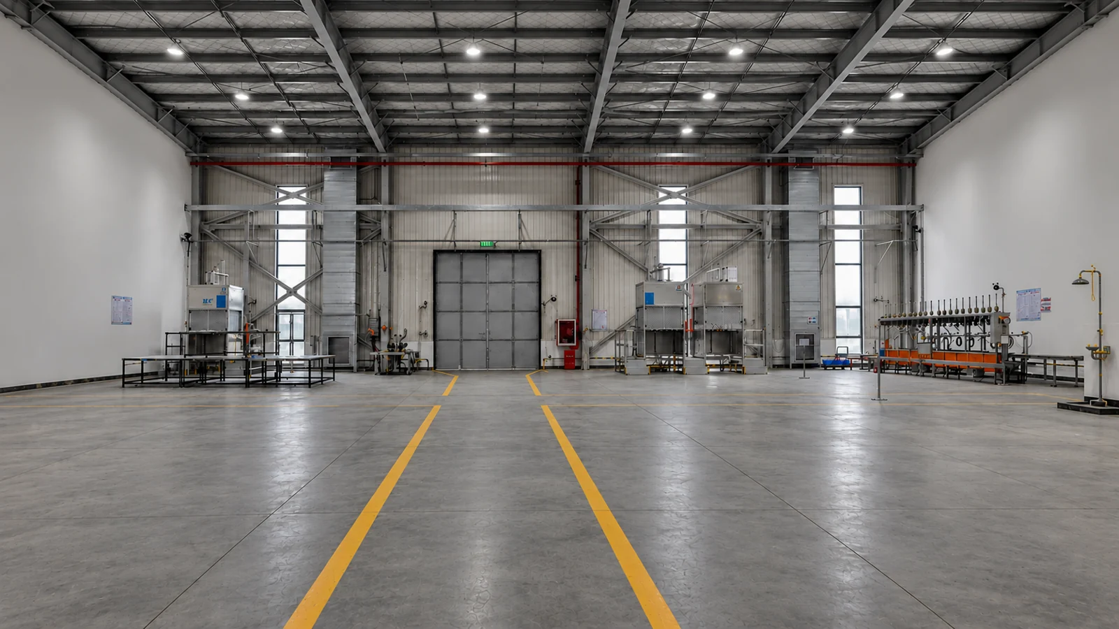 Gas filling workshop with equipment stations, access lanes and marked work areas