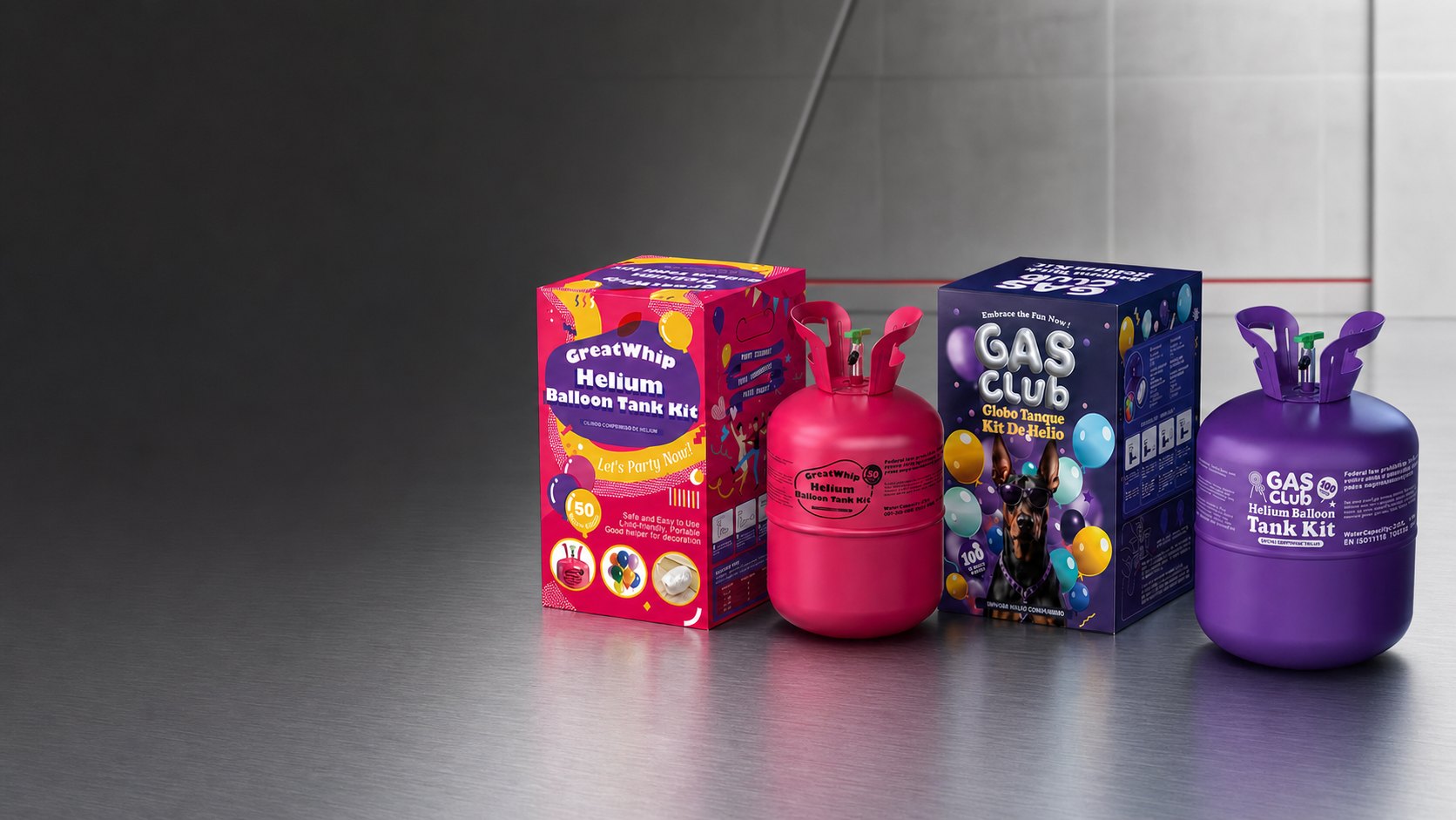 GreatWhip and GasClub disposable helium tank programs in an alloy industrial showroom