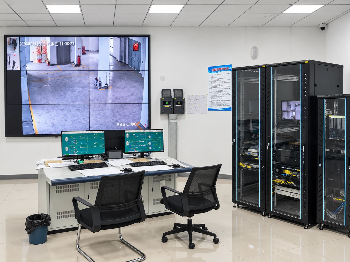 Factory monitoring room with a video wall, workstations and equipment racks