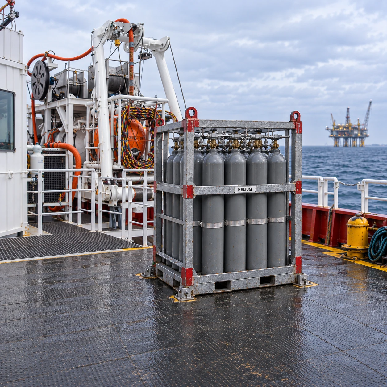 Helium cylinder supply system operating on an offshore production platform