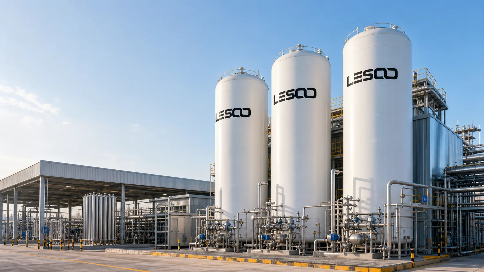 Lesoo gas production facility with storage vessels and processing equipment