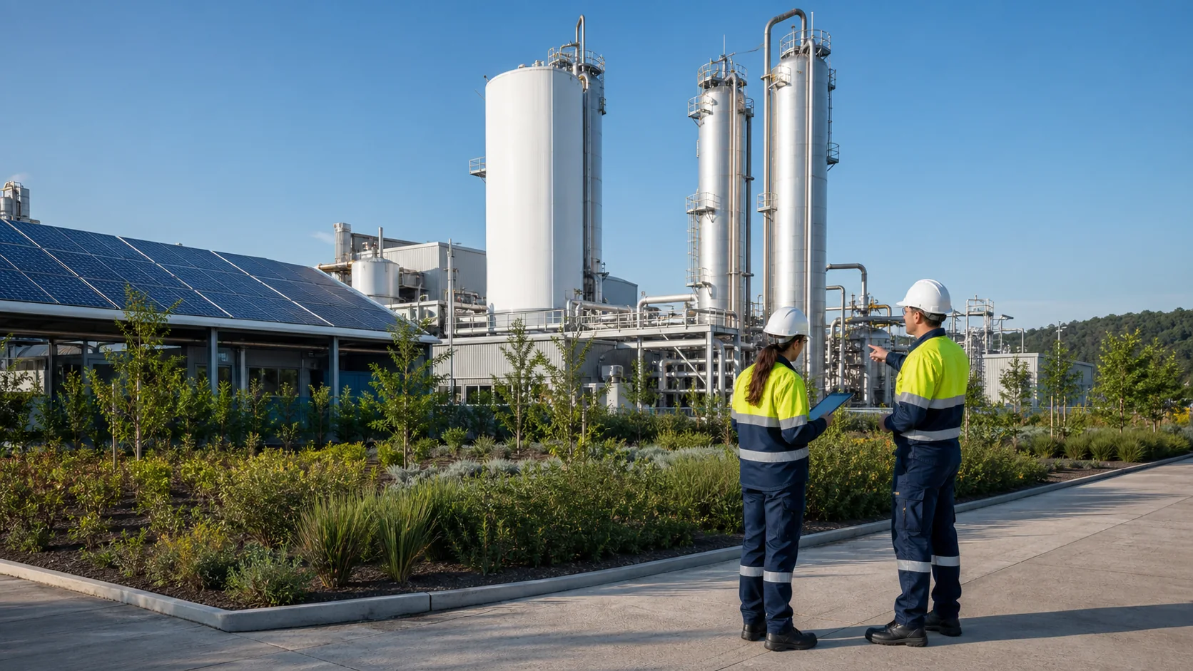 Illustrative responsible industrial operations with solar energy, landscaped grounds and a safety inspection