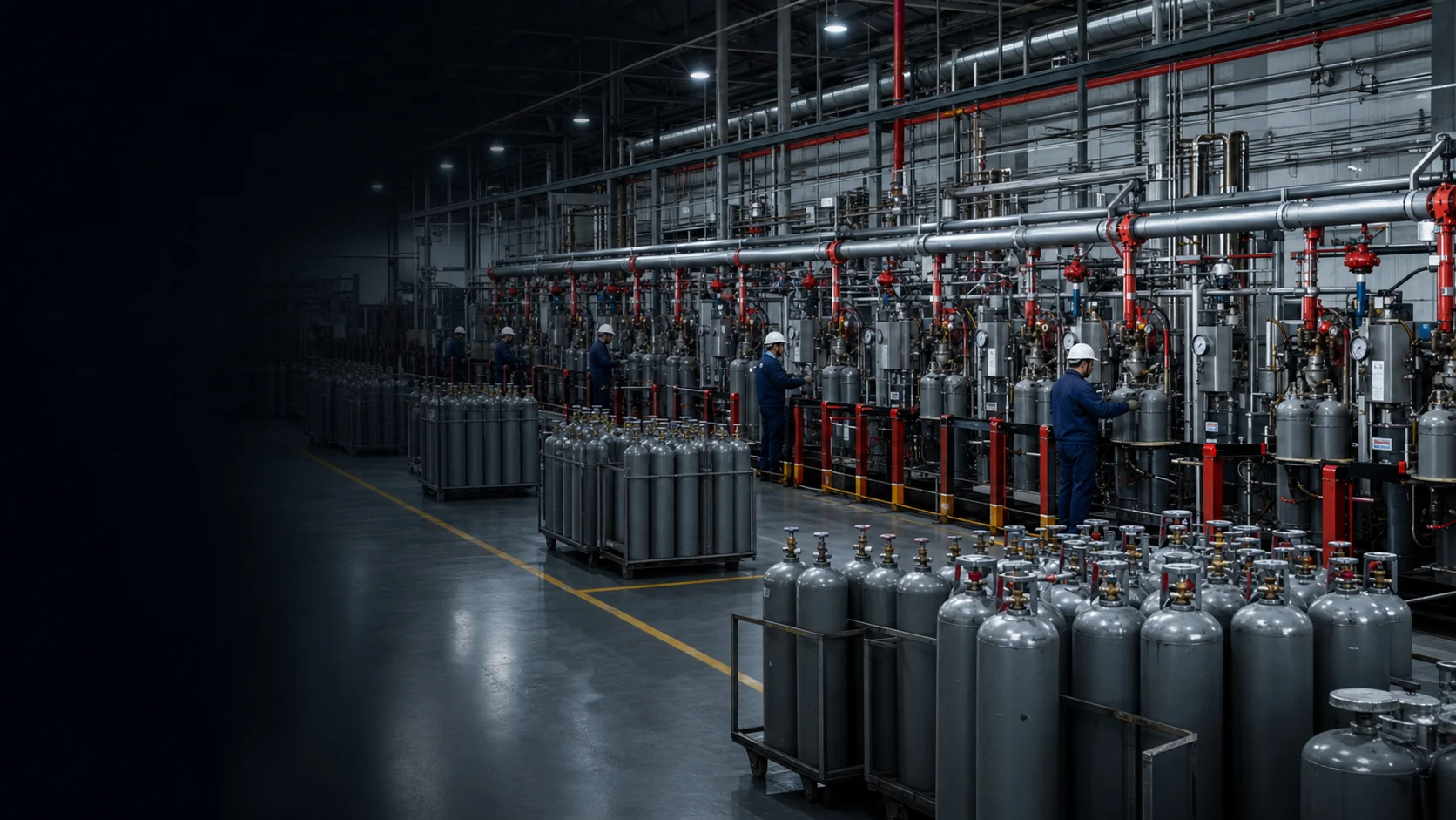 High-capacity industrial gas cylinder filling hall