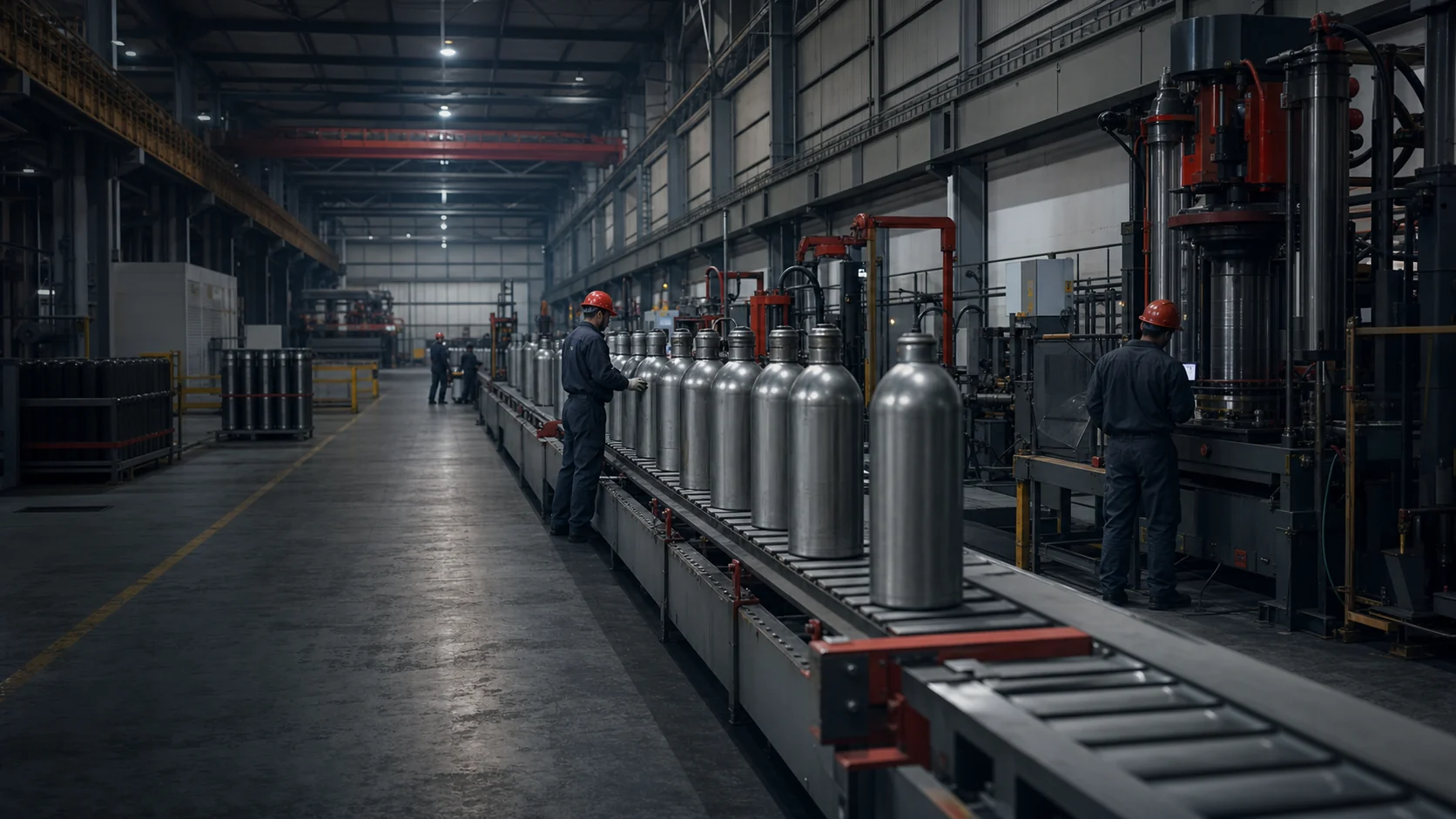 Gas cylinder production line inside a manufacturing plant