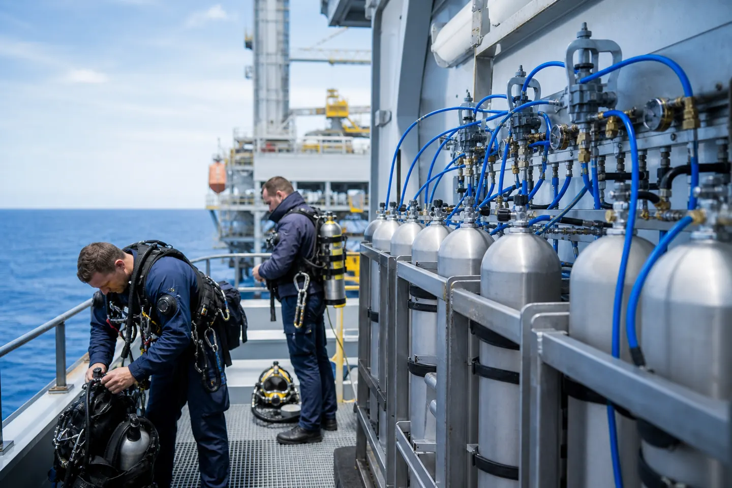 Offshore divers and helium gas cylinder supply system