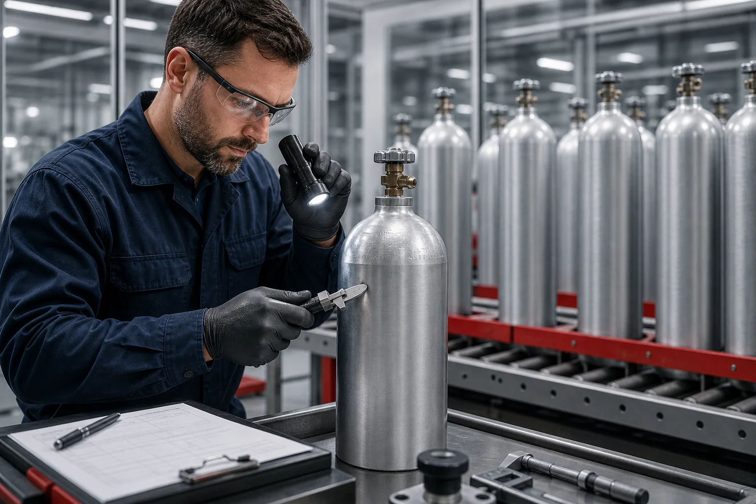 Technician completing the final inspection of a finished cylinder