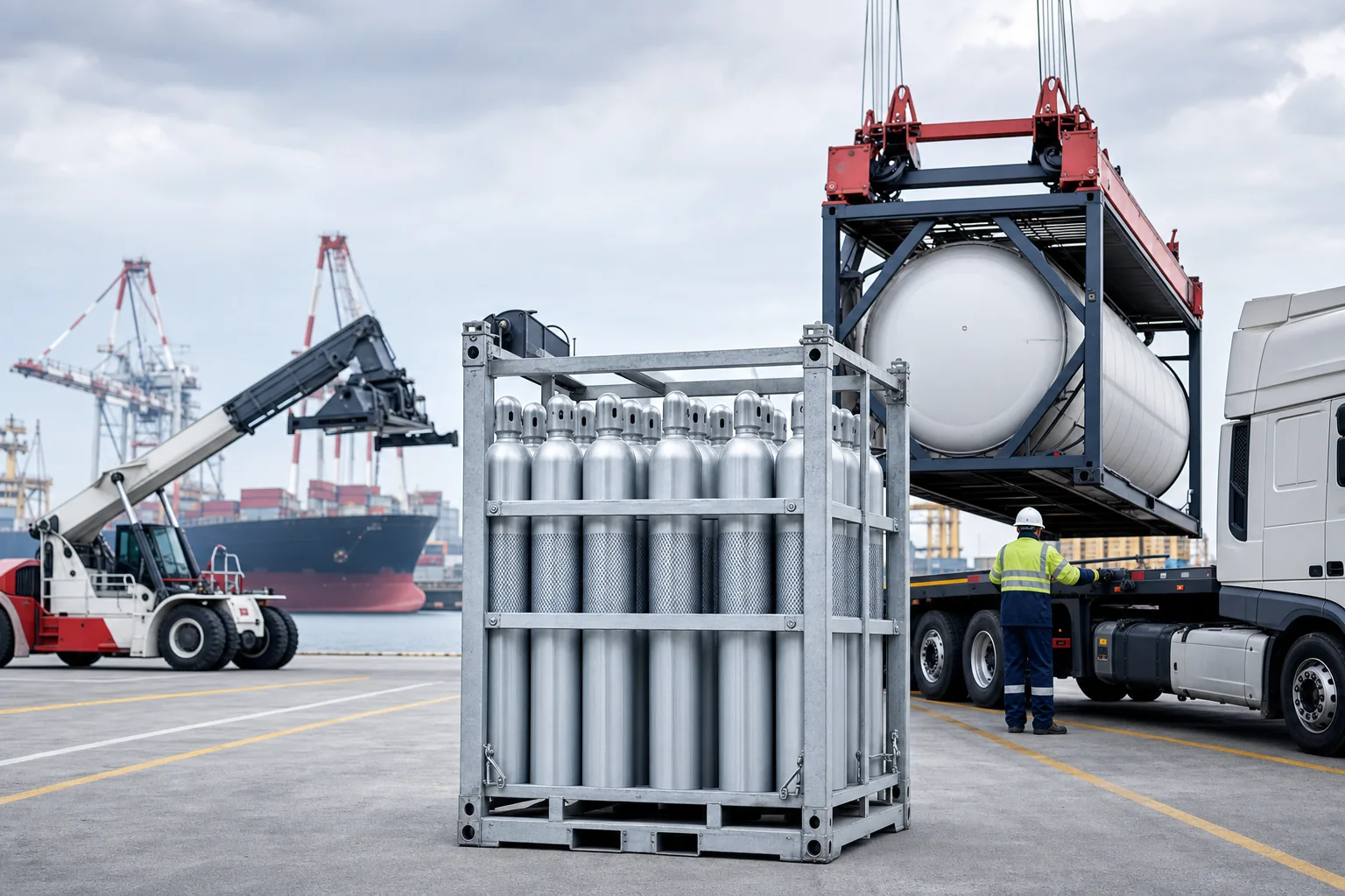 Secured gas cylinders and an ISO tank prepared for global delivery