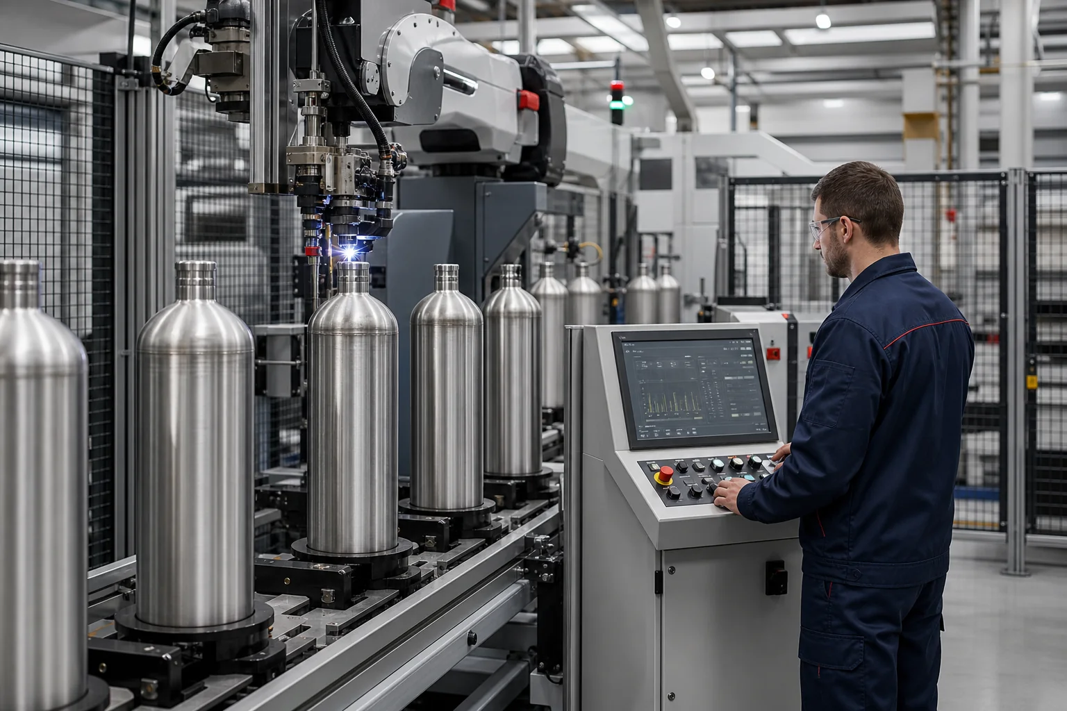Engineer monitoring an automated gas-cylinder production line