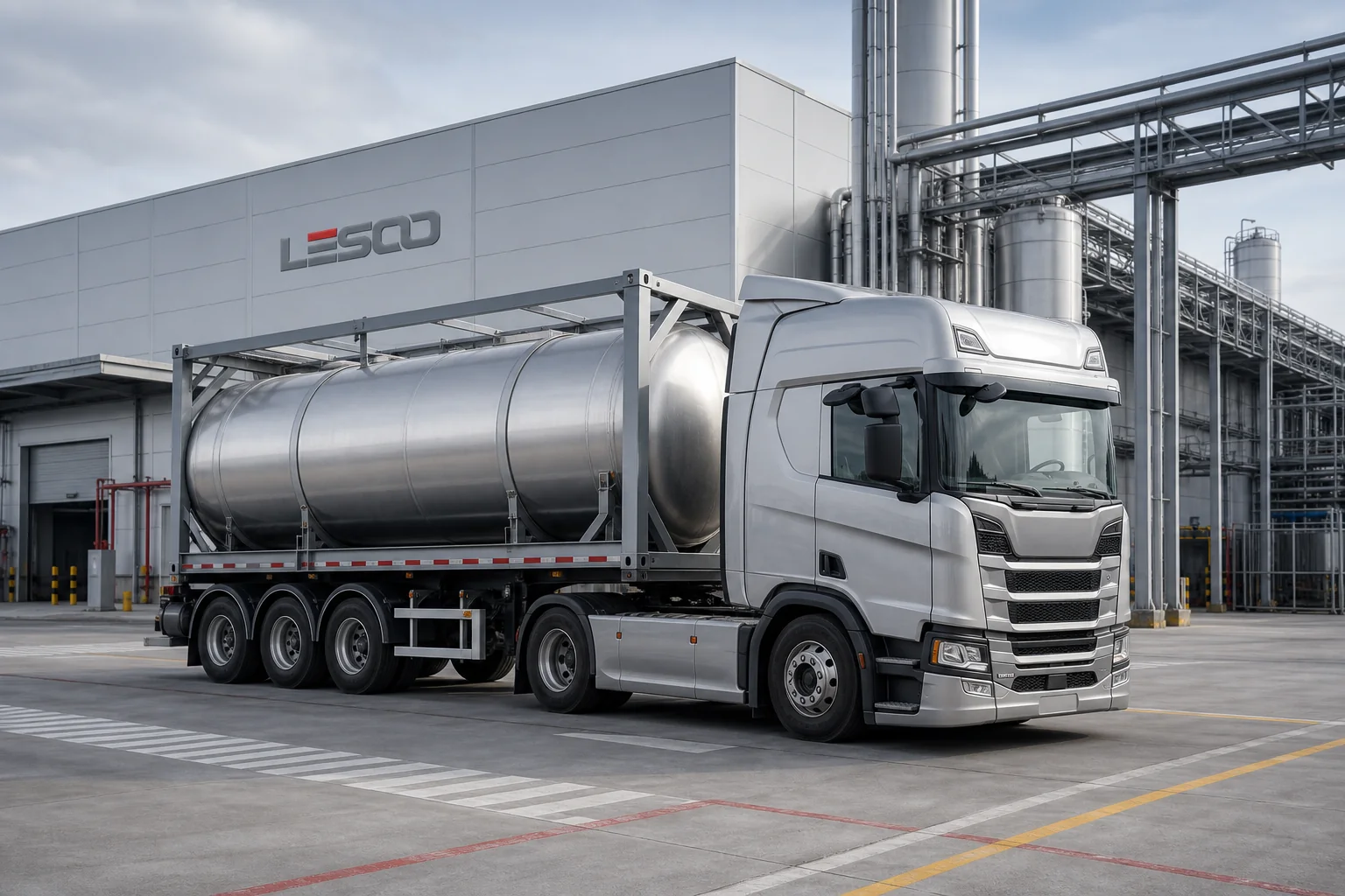 ISO tank truck parked at the LESOO manufacturing facility