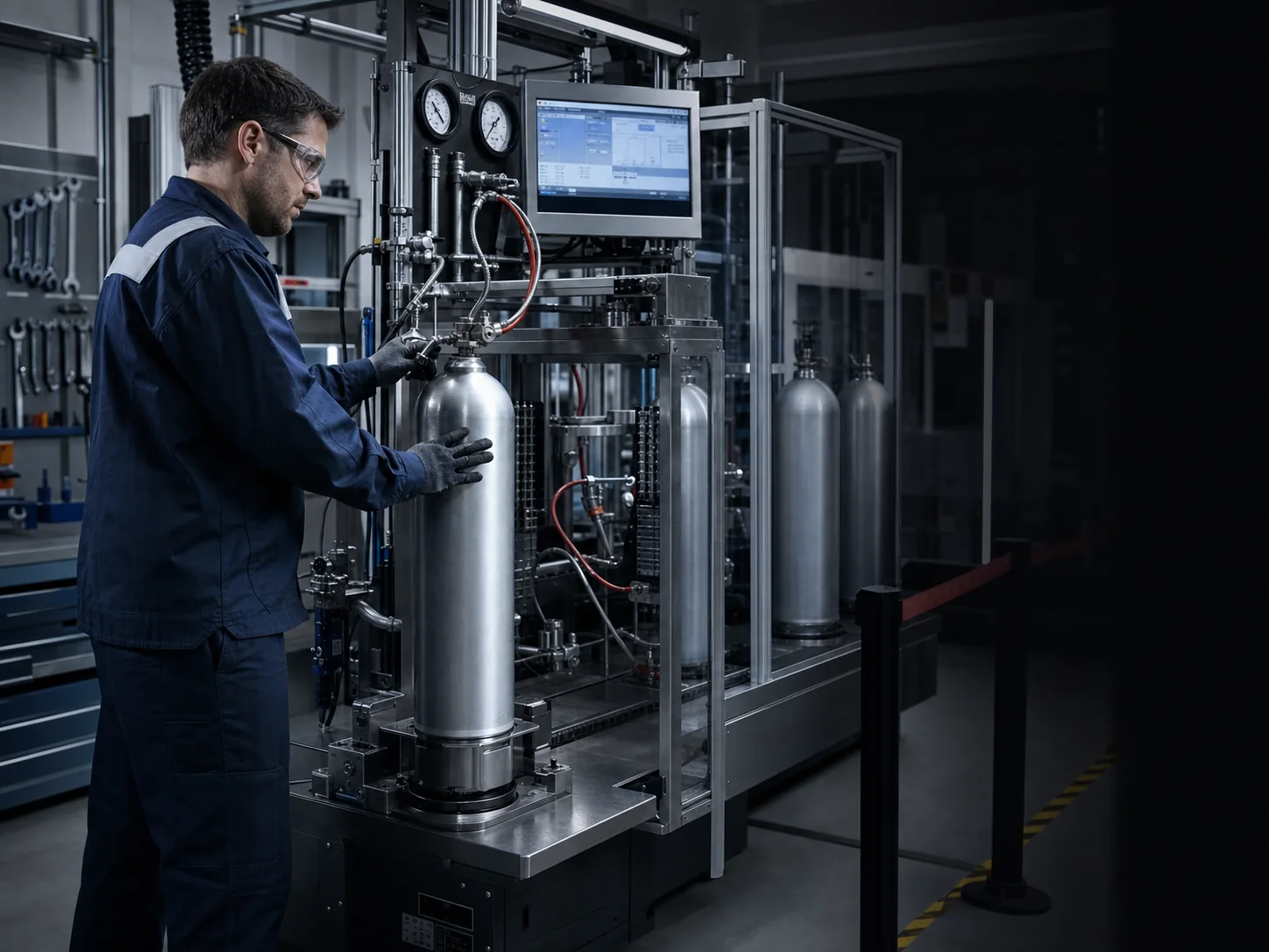 Engineer operating an integrated gas-cylinder testing station