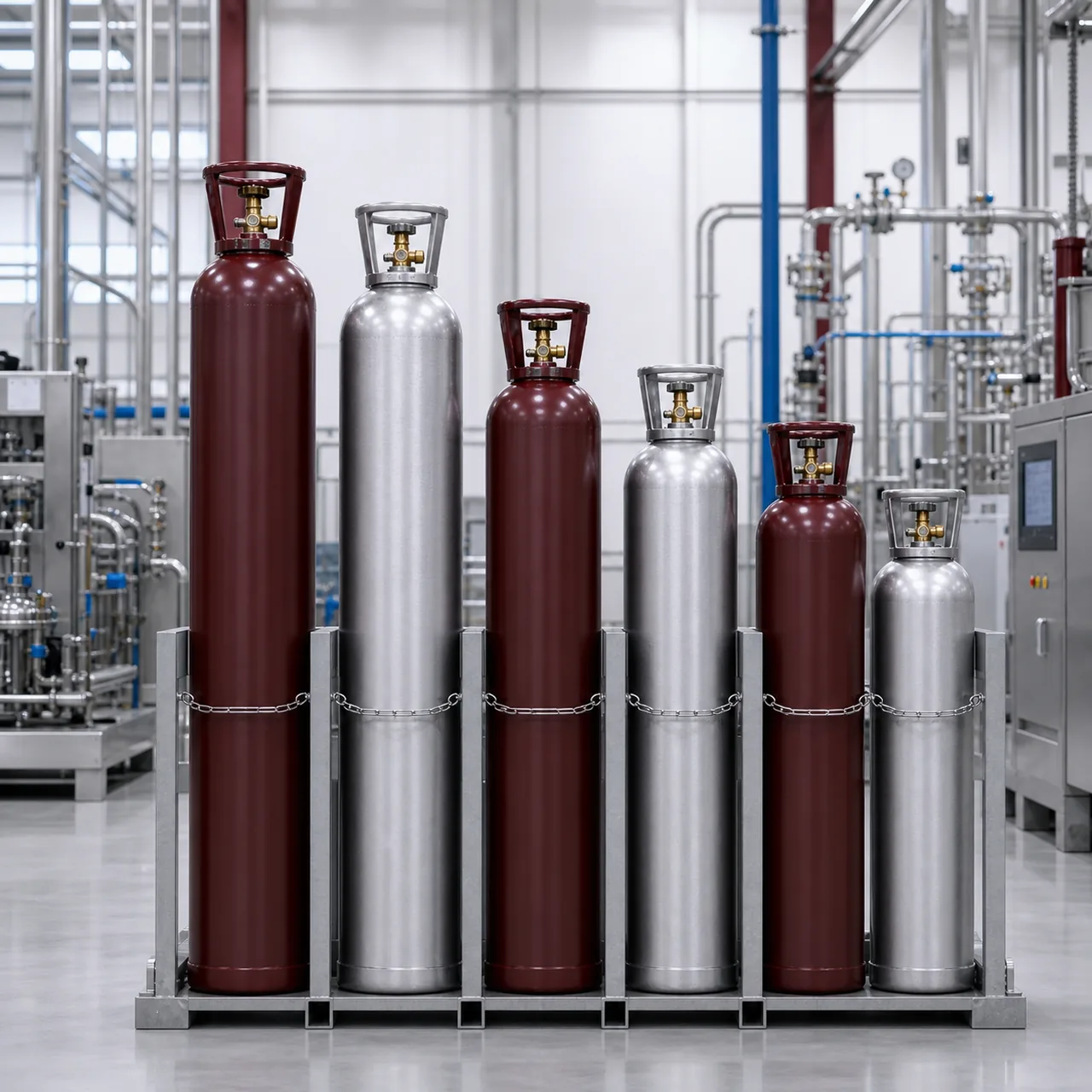 Industrial helium cylinders in a modern gas preparation facility