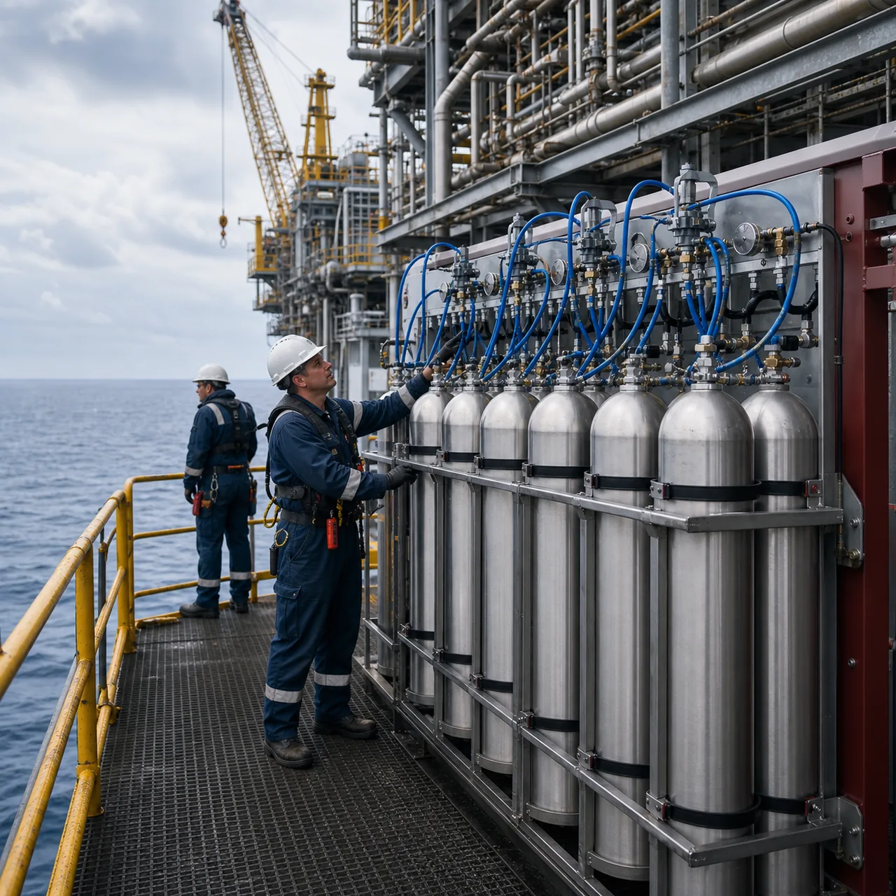 Helium cylinder supply system operating on an offshore production platform